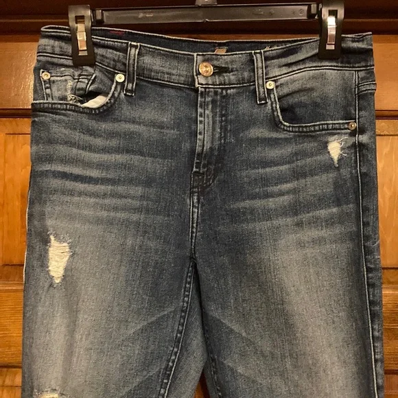 7 for all Mankind size 29 Skinny Ankle Medium Wash Destoyed Jeans (ABBA) - Picture 2 of 11